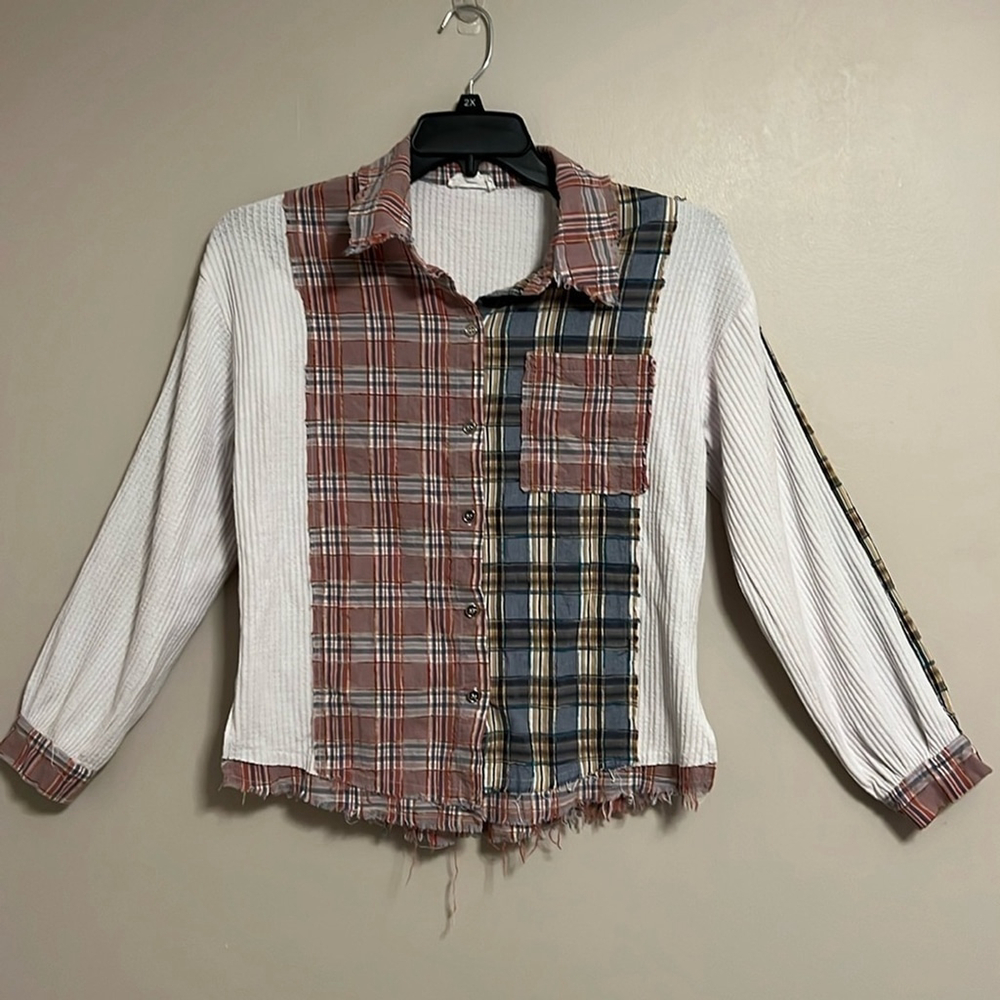 Dance &Marvel Plaid Waffle Knit Deconstructed Frayed Button Up Multi Media Top S